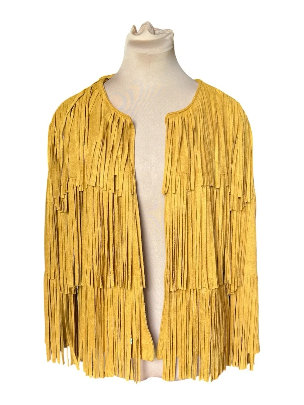 DO + BE Faux Leather Suede Yellow Multi-Tiered Fringe Open Jacket L - Picture 2 of 13